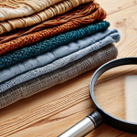 ** A detailed close-up shot of various textile samples (cotton, wool, silk, linen, polyester, nylon, viscose) arranged on a light wooden surface. The image should showcase the different textures and weaves of the fabrics. Include a magnifying glass partially visible in the frame, suggesting analysis. The overall feel is educational and tactile.

**