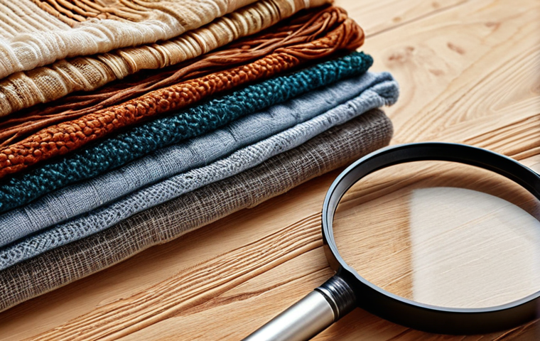 ** A detailed close-up shot of various textile samples (cotton, wool, silk, linen, polyester, nylon, viscose) arranged on a light wooden surface. The image should showcase the different textures and weaves of the fabrics. Include a magnifying glass partially visible in the frame, suggesting analysis. The overall feel is educational and tactile.
**
