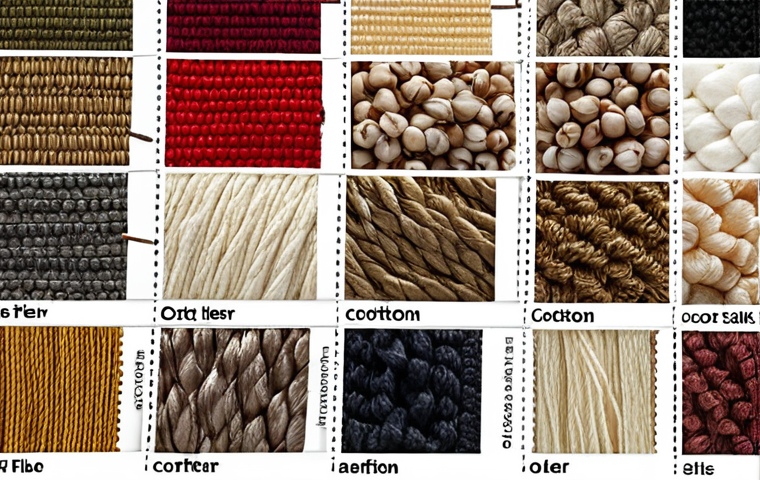**
A close-up shot of various textile samples showcasing different fiber types (cotton, polyester, silk, recycled fabric). Emphasize texture and subtle color variations. Include tags or labels identifying each fiber. Focus on natural light and high detail.
**