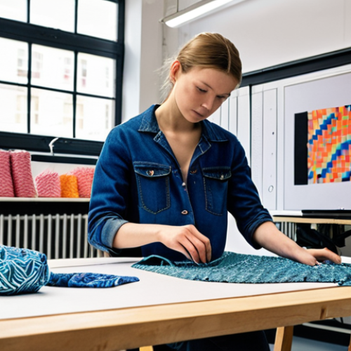 Home 20 **Image Prompt:** A vibrant, modern textile design studio in Amsterdam. In the foreground, a young designer is working on a digital design interface, using AI to generate fabric patterns. In the background, a 3D printer is creating a bespoke garment. Show sustainable materials like recycled denim and pineapple leather samples prominently. The overall mood is innovative, eco-conscious, and energetic. Dutch design aesthetic.