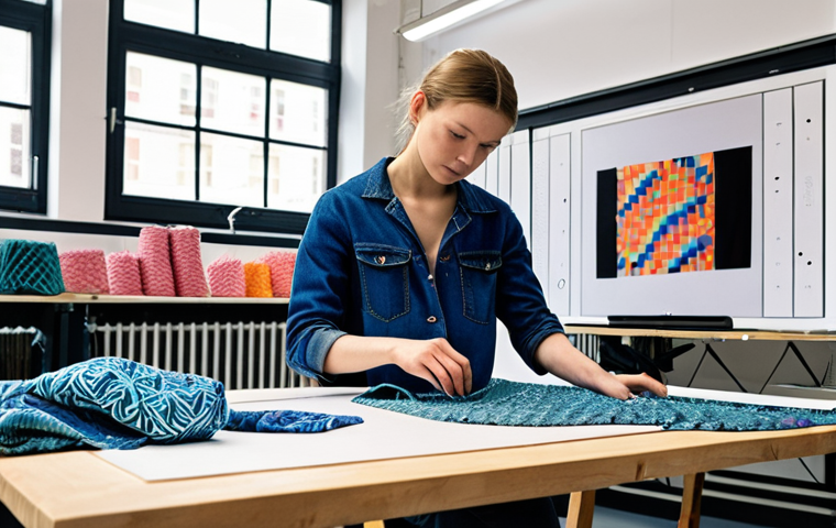 **Image Prompt:** A vibrant, modern textile design studio in Amsterdam. In the foreground, a young designer is working on a digital design interface, using AI to generate fabric patterns. In the background, a 3D printer is creating a bespoke garment. Show sustainable materials like recycled denim and pineapple leather samples prominently. The overall mood is innovative, eco-conscious, and energetic. Dutch design aesthetic.